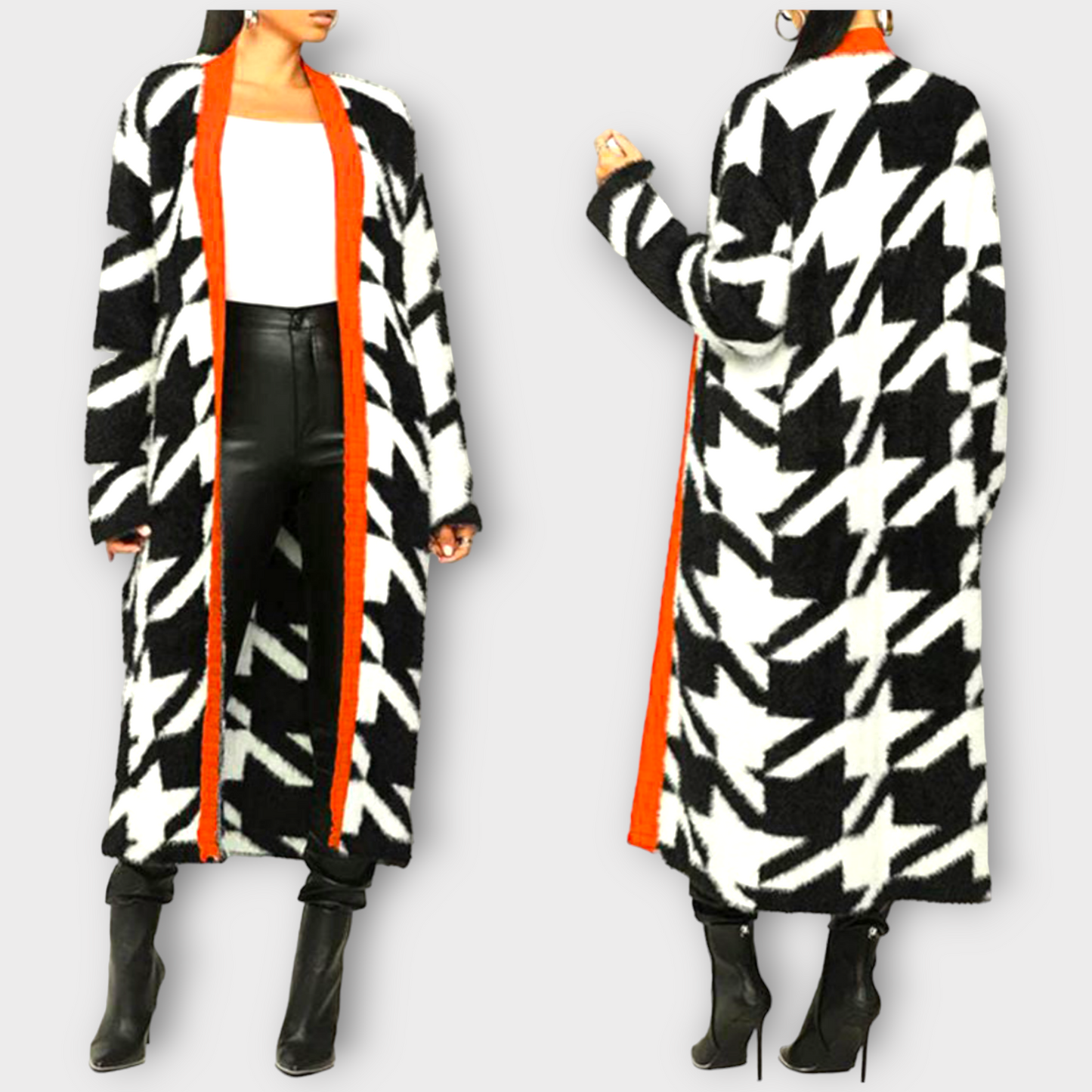 STYLISH HOUNDSTOOTH CARDIGAN W/RED TRIM