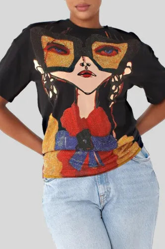 CHIC GRAPHIC PRINT RHINESTONE T-SHIRT